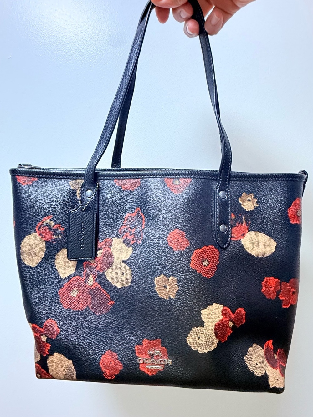 Coach Black Leather Tote with Red and Tan Floral Motif